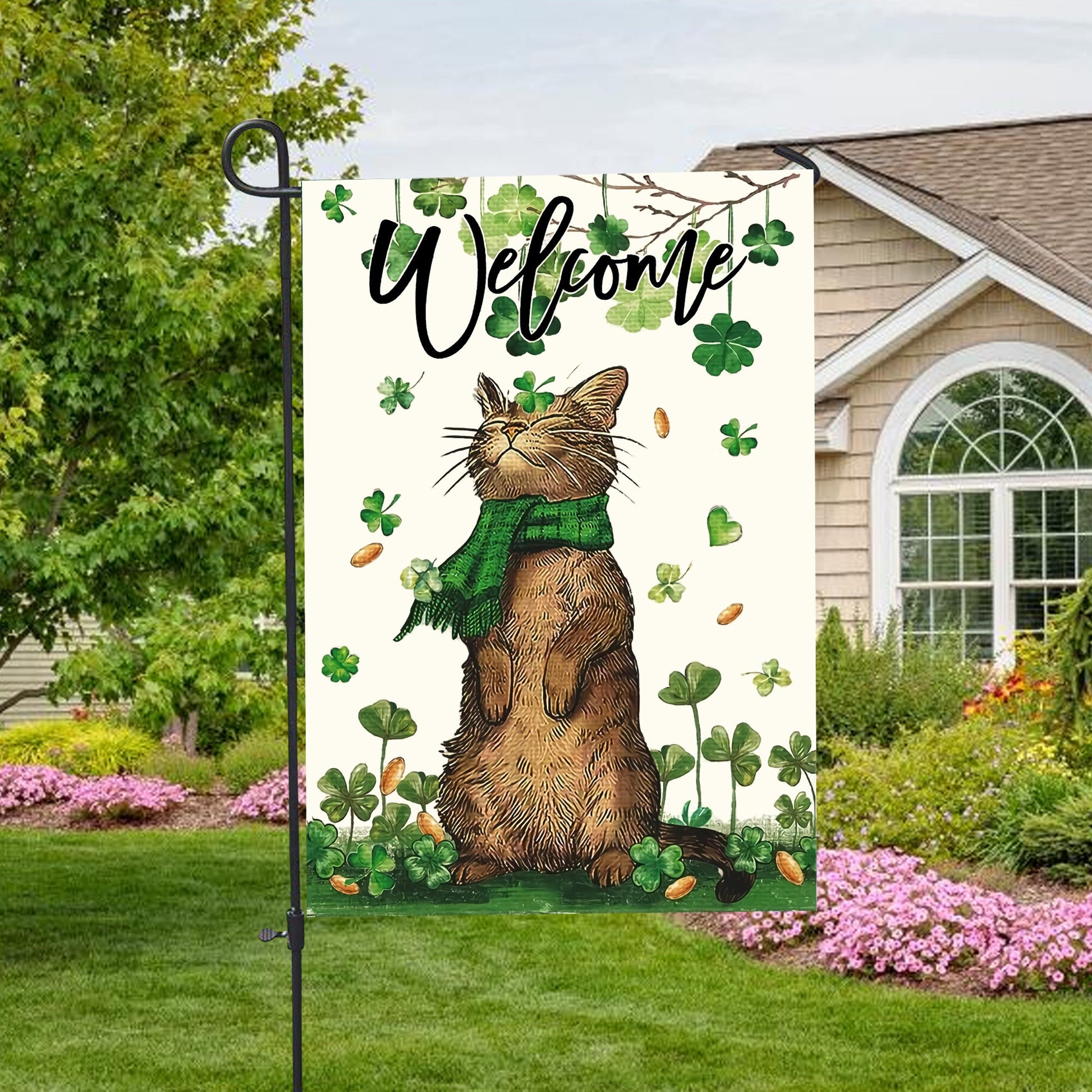 St. Patrick's Day Welcome Cat And Shamrock Clover House Flag - St. Patrick's Day Garden Flag - Outdoor St Patrick's Day Decor