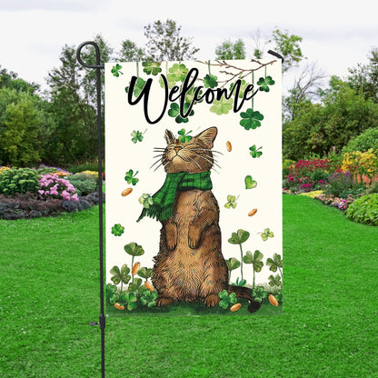 St. Patrick's Day Welcome Cat And Shamrock Clover House Flag - St. Patrick's Day Garden Flag - Outdoor St Patrick's Day Decor