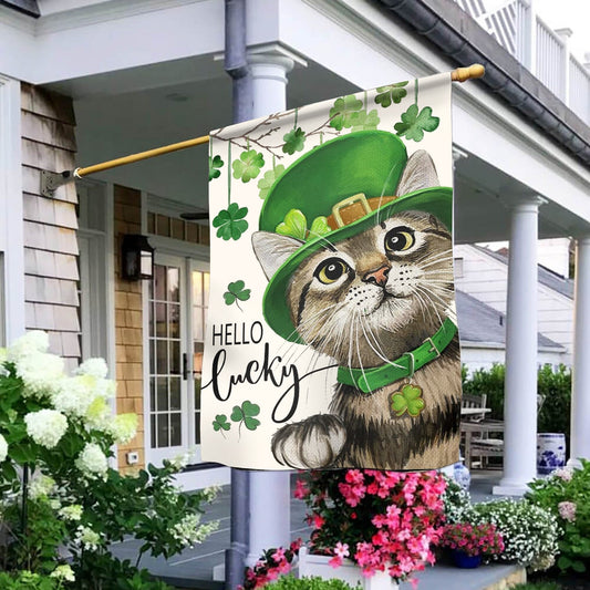 St. Patricks Day Hello Lucky Kitten Cat And Shamrock Clover House Flag - St. Patrick's Day Garden Flag - Outdoor St Patrick's Day Decor