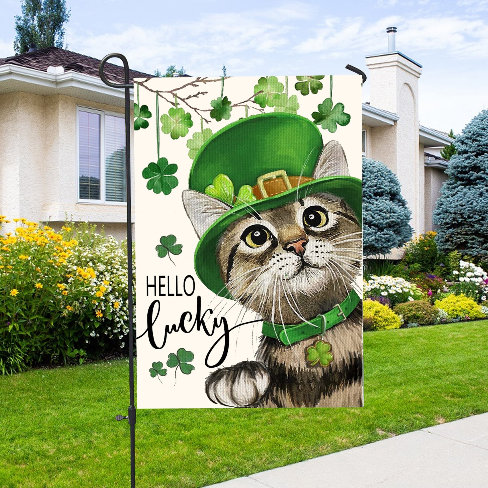 St. Patricks Day Hello Lucky Kitten Cat And Shamrock Clover House Flag - St. Patrick's Day Garden Flag - Outdoor St Patrick's Day Decor