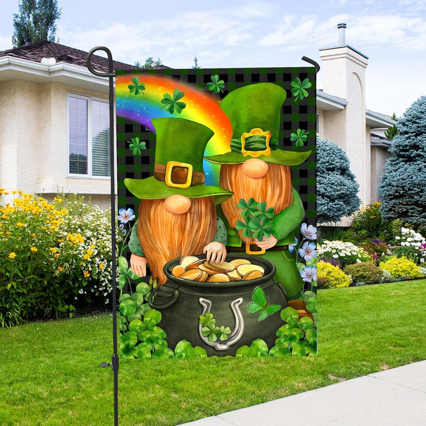 St. Patricks Day Leprechaun Gnome Shamrock Gold House Flag - St. Patrick's Day Garden Flag - Outdoor St Patrick's Day Decor