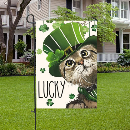 St. Patricks Day Lucky Cat And Shamrock Clover House Flag - St. Patrick's Day Garden Flag - Outdoor St Patrick's Day Decor