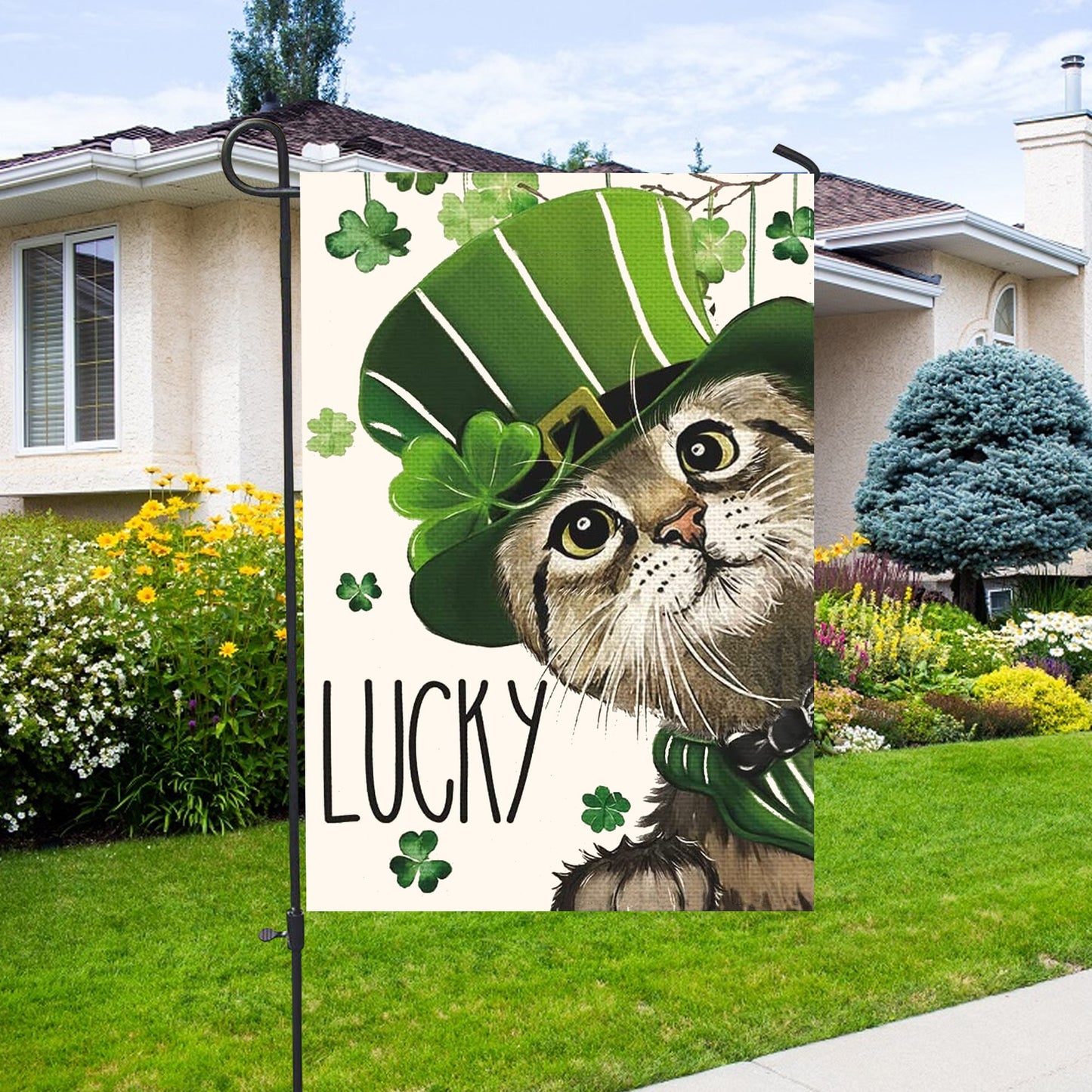 St. Patricks Day Lucky Cat And Shamrock Clover House Flag - St. Patrick's Day Garden Flag - Outdoor St Patrick's Day Decor