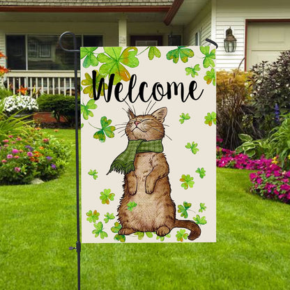 St. Patricks Day Welcome Cat And Shamrock Clover House Flag - St. Patrick's Day Garden Flag - Outdoor St Patrick's Day Decor