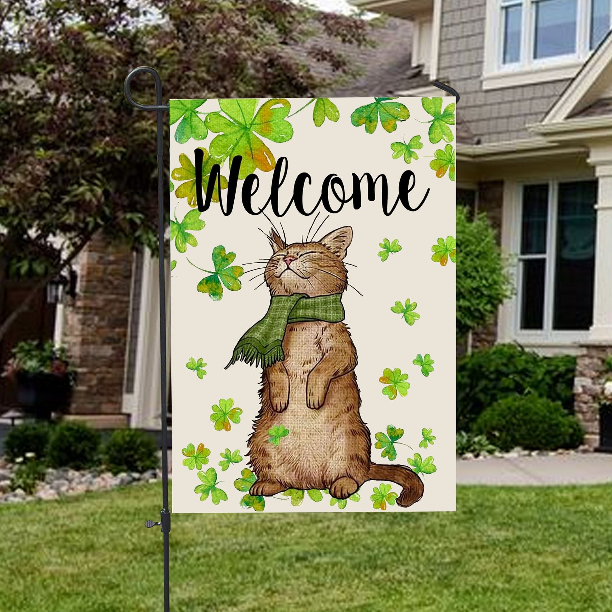 St. Patricks Day Welcome Cat And Shamrock Clover House Flag - St. Patrick's Day Garden Flag - Outdoor St Patrick's Day Decor