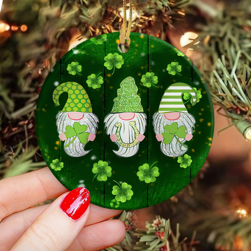 St Patricks Day Gnome Irish Kisses And Shamrock Wishes Ceramic Circle Ornament - Decorative Ornament - Christmas Ornament