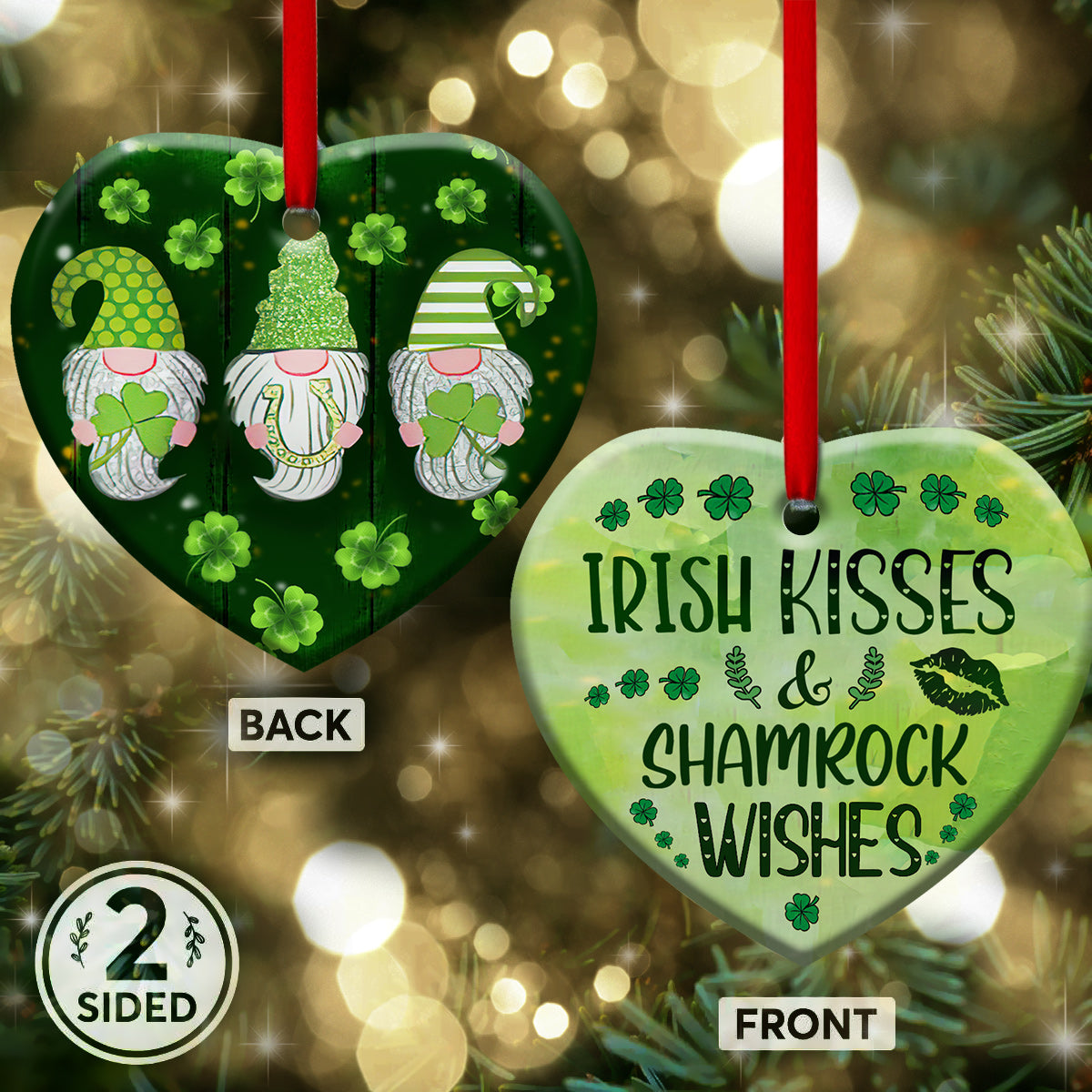 St Patricks Day Gnome Irish Kisses And Shamrock Wishes Heart Ceramic Ornament - Christmas Ornament - Christmas Gift