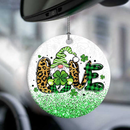 St Patricks Day Gnome With Clover Love Ceramic Circle Ornament - Decorative Ornament - Christmas Ornament