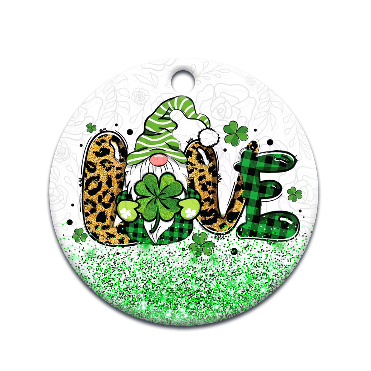 St Patricks Day Gnome With Clover Love Ceramic Circle Ornament - Decorative Ornament - Christmas Ornament