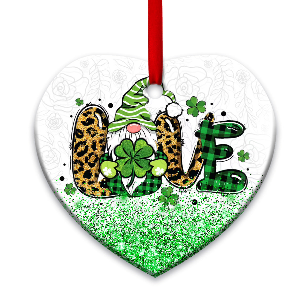 St Patricks Day Gnome With Clover Love Heart Ceramic Ornament - Christmas Ornament - Christmas Gift
