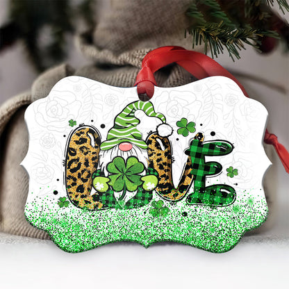St Patricks Day Gnome With Clover Love Metal Ornament - Christmas Ornament - Christmas Gift