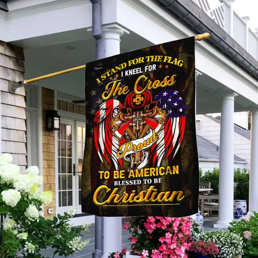 Stand For The House Flag Kneel For The Cross Christian Firefighter House Flag - Christian Garden Flags - Outdoor Religious Flags