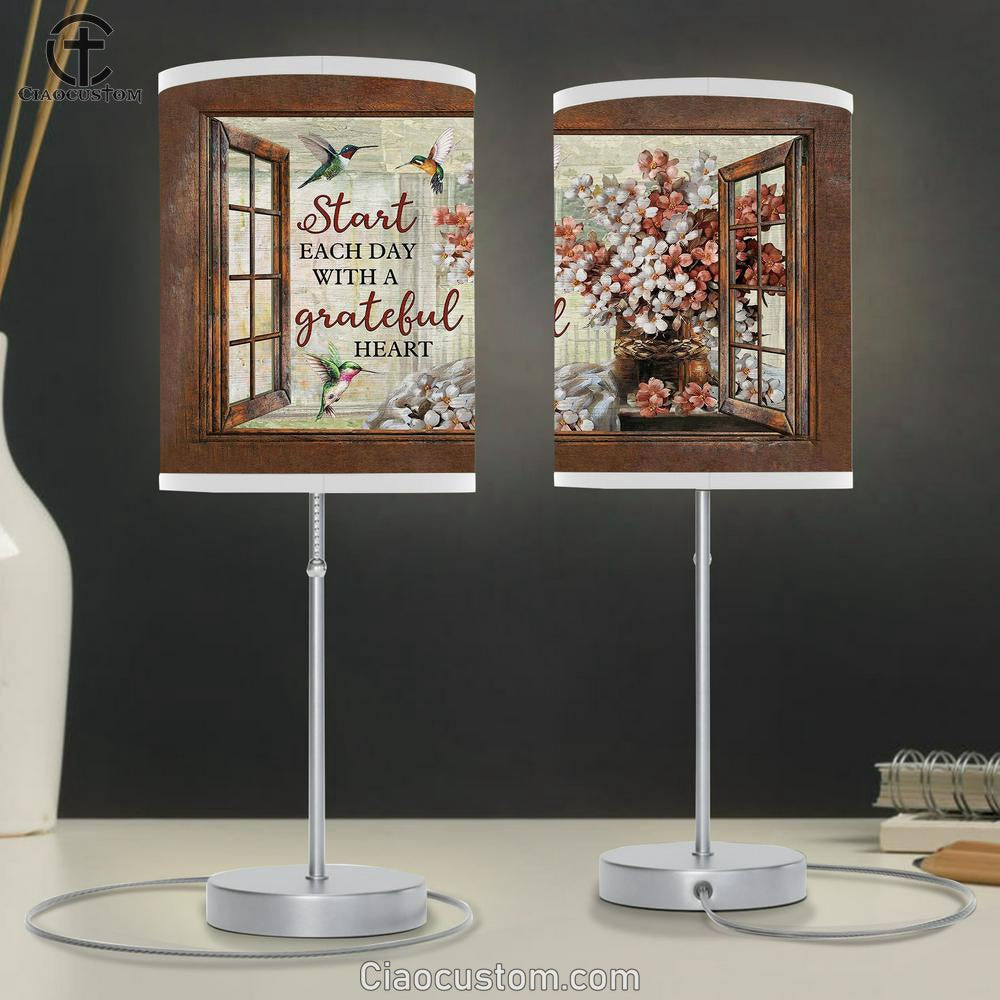 Start Each Day With A Grateful Heart Blossom Flower Hummingbird Table Lamp Art - Christian Lamp Art Decor - Bible Verse Table Lamp