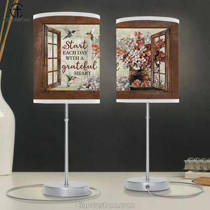 Start Each Day With A Grateful Heart Blossom Flower Hummingbird Table Lamp Art - Christian Lamp Art Decor - Bible Verse Table Lamp