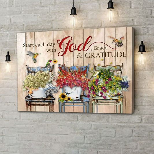 Start Each Day With God Grace And Gratitude Canvas Wall Art - Christian Canvas - Faith Canvas