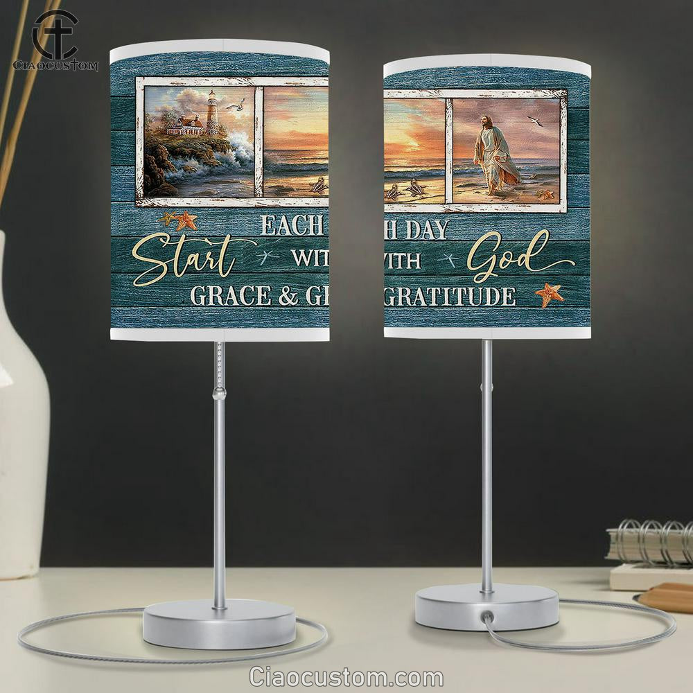 Start each day with God Table Lamp - Jesus Walking Table Lamp For Bedroom - Bible Verse Table Lamp - Religious Room Decor