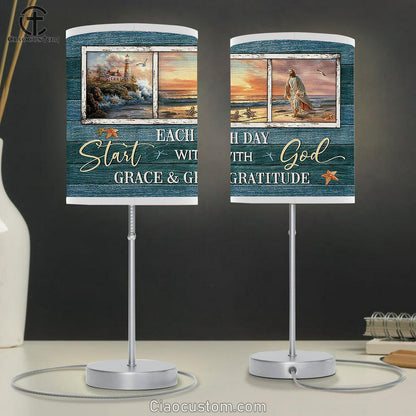 Start each day with God Table Lamp - Jesus Walking Table Lamp For Bedroom - Bible Verse Table Lamp - Religious Room Decor