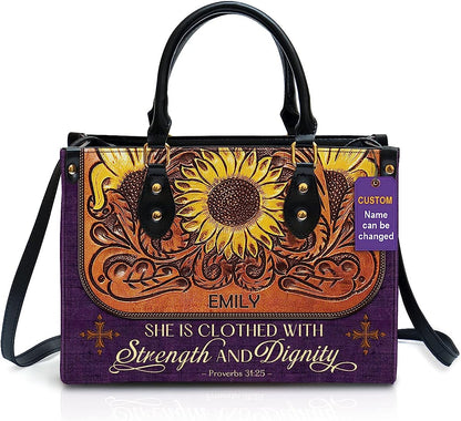 Strength & Dignity Personalized Leather Bag With Handle for Christian Women