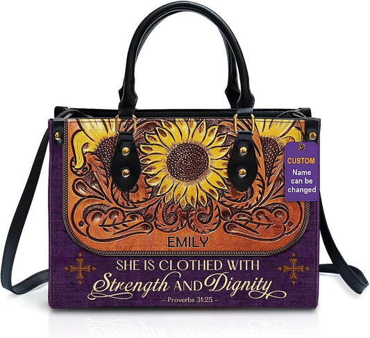 Strength & Dignity Personalized Leather Bag With Handle for Christian Women