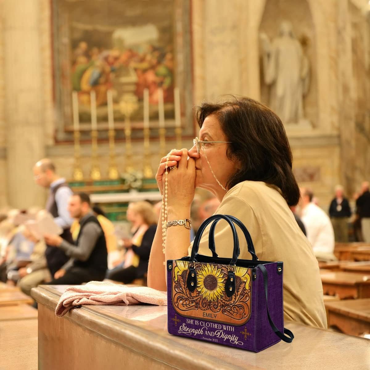 Strength & Dignity Personalized Leather Bag With Handle for Christian Women
