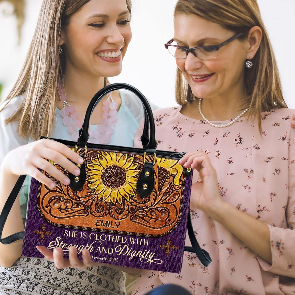 Strength & Dignity Personalized Leather Bag With Handle for Christian Women