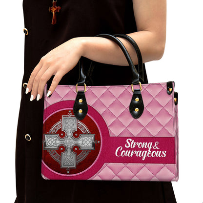 Strong And Courageous Inspiration Religious Gift For Christian Women Zippered Pink Leather Handbag With Handle