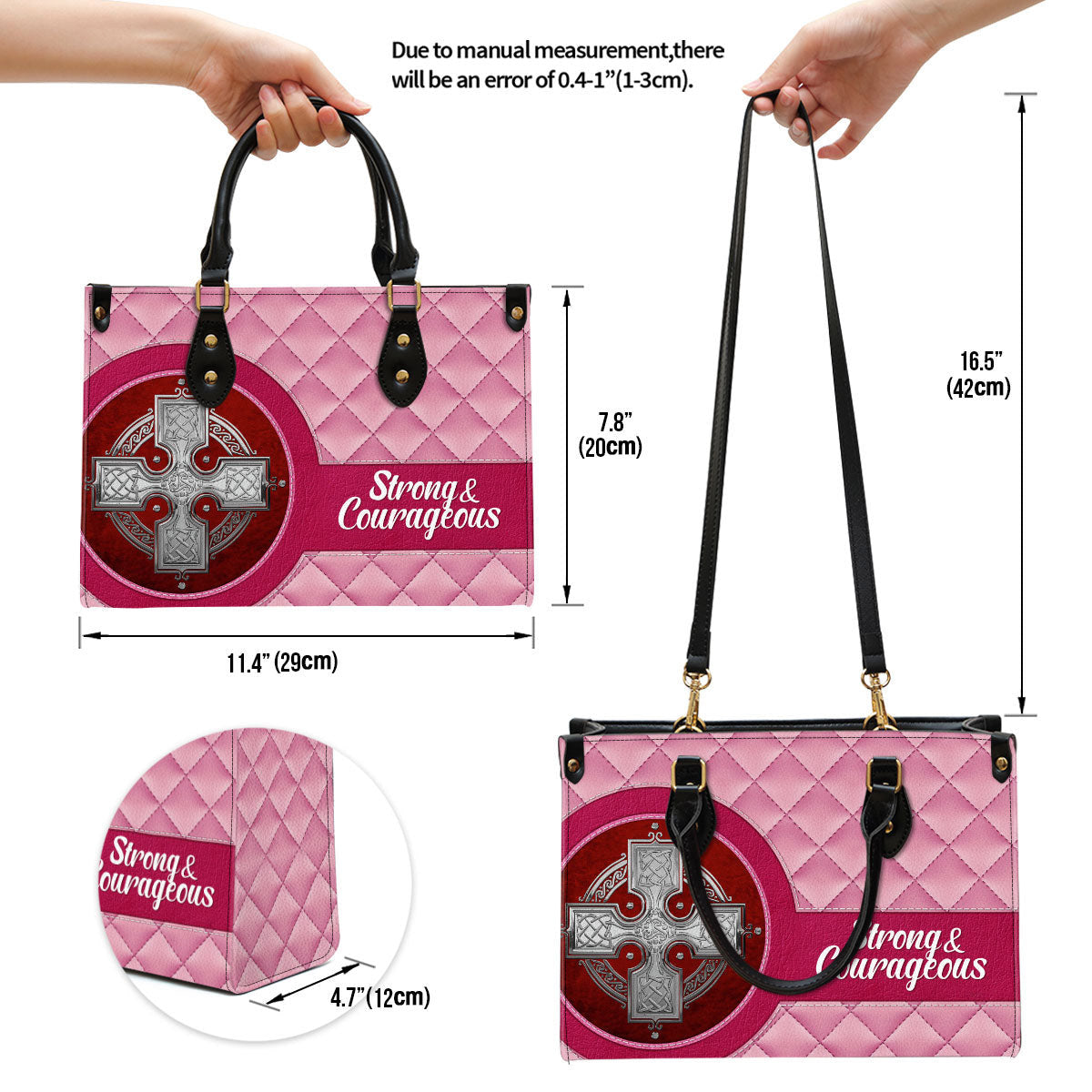Strong And Courageous Inspiration Religious Gift For Christian Women Zippered Pink Leather Handbag With Handle
