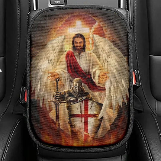Stunning Angel Wings, Amazing Warrior, Jesus, Cross Car Center Console Cover, Christian Armrest Seat Cover, Bible Seat Box Cover