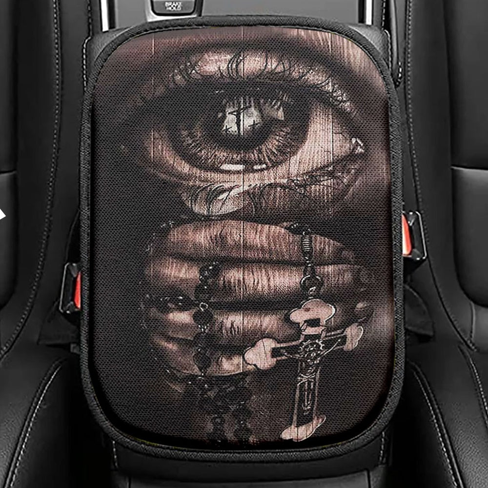 Stunning Eyes Jesus Calls Pray For Healing Cross Seat Box Cover, Inspirational Car Center Console Cover, Christian Car Interior Accessories
