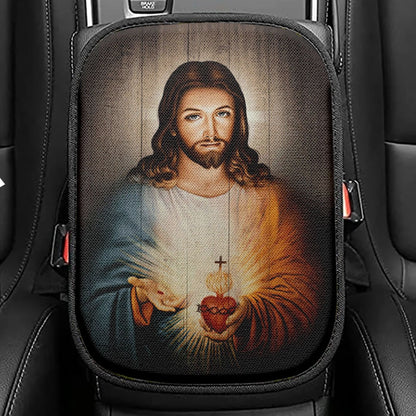 Stunning Heart Walking With Jesus Seat Box Cover Seat Box Cover, Christian Car Center Console Cover, Bible Verse Car Interior Accessories