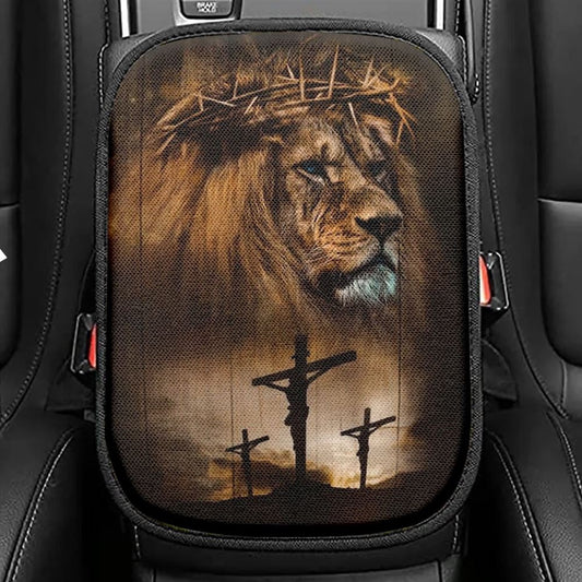 Stunning Lion, Big Crown Of Thorn, Jesus On The Cross Car Center Console Cover, Christian Armrest Seat Cover, Bible Seat Box Cover