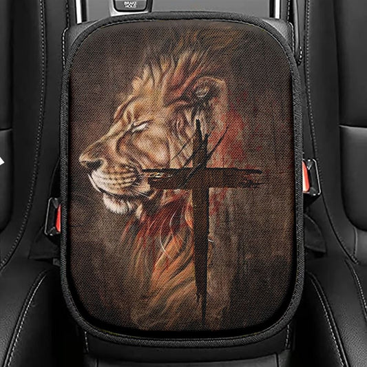 Stunning Lion Face Antique Cross Car Center Console Cover, Christian Armrest Seat Cover, Bible Seat Box Cover
