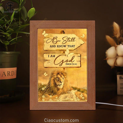 Stunning Lion, Wooden Sign, Be Still And Know That I Am God Frame Lamp