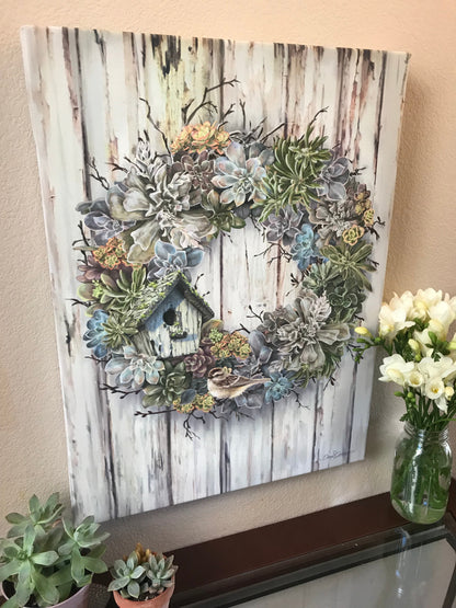 Succulent Wreath Canvas Wall Art - Christian Wall Decor - Religious Gift