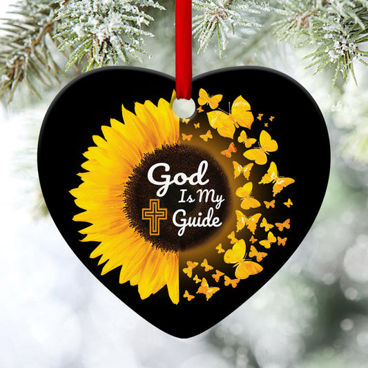 Sunflower And Butterfly Ceramic Heart Ornament - God Is My Guide - Christian Gift For Friends