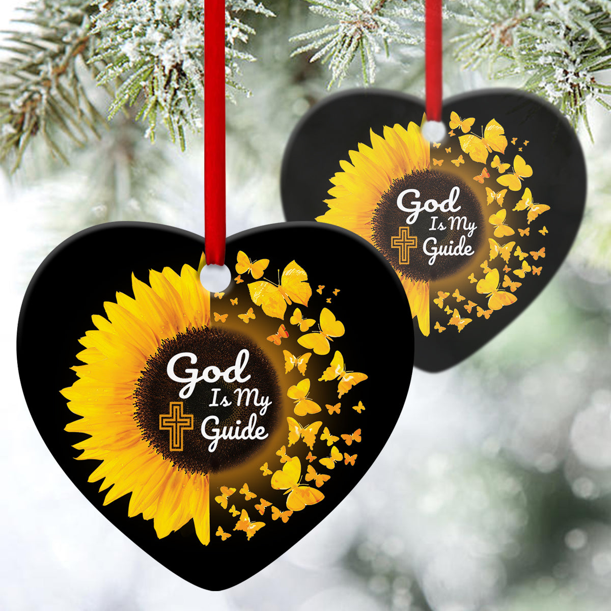 Sunflower And Butterfly Ceramic Heart Ornament - God Is My Guide - Christian Gift For Friends