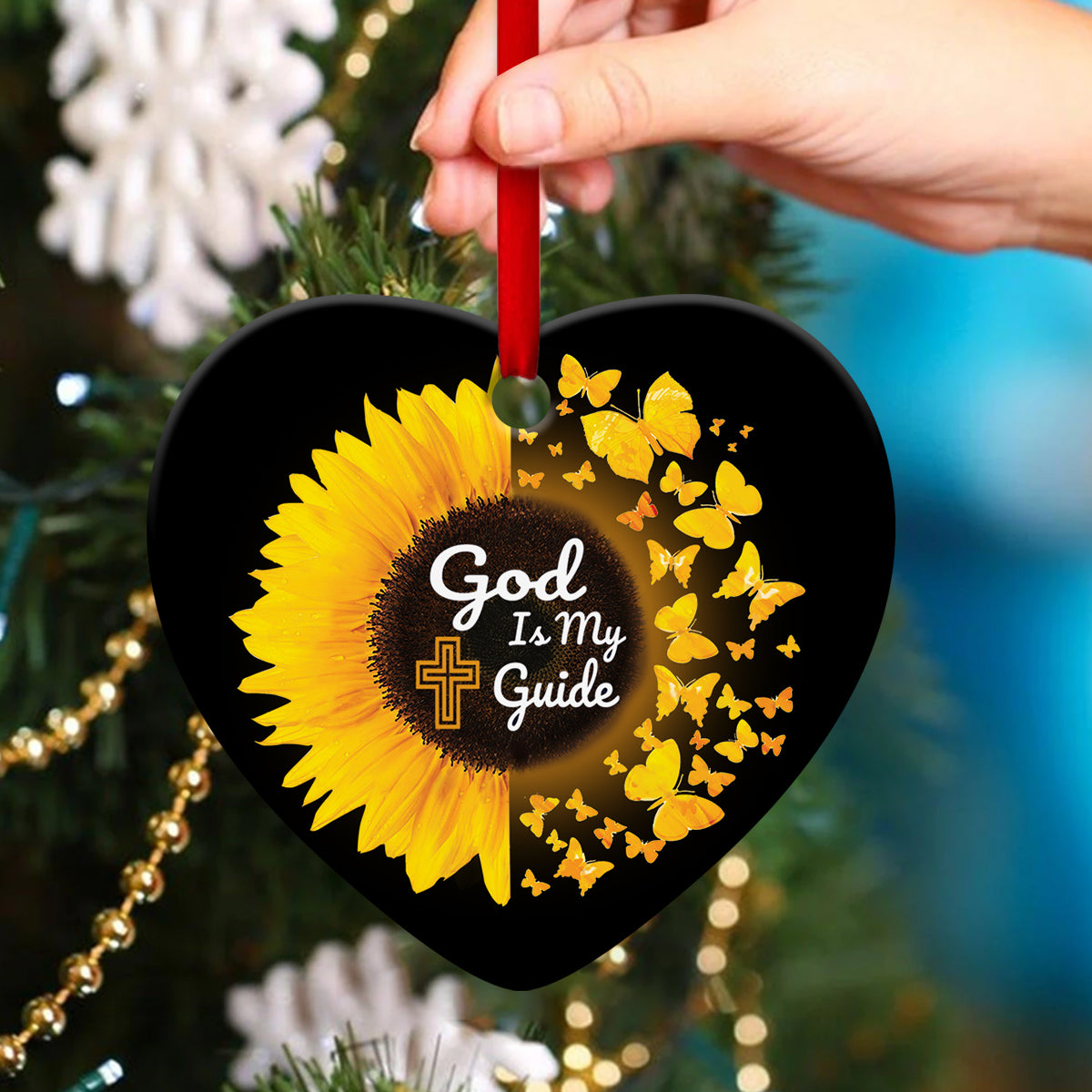Sunflower And Butterfly Ceramic Heart Ornament - God Is My Guide - Christian Gift For Friends