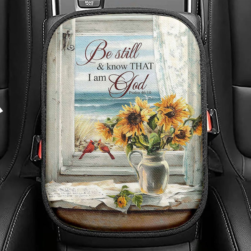 Sunflower Beach Be Still And Know That I Am God Seat Box Cover, Christian Car Center Console Cover, Bible Verse Car Interior Accessories