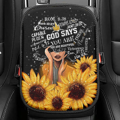 Sunflower Black Girl Seat Box Cover, God Says You Are Sunflower Car Center Console Cover, Religious Car Interior Accessories