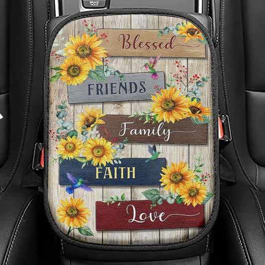 Sunflower Blessed Friends Family Faith Love Seat Box Cover, Inspirational Car Center Console Cover, Christian Car Interior Accessories
