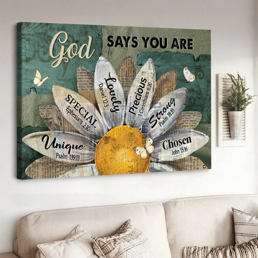 Sunflower Blue Background God Says You Are Canvas Wall Art - Christian Poster - Religious Wall Decor