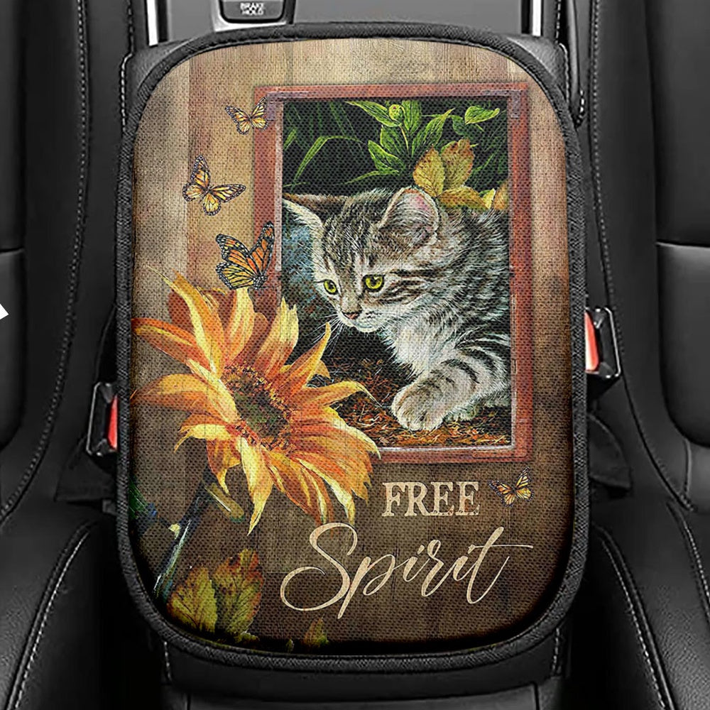 Sunflower Butterfly Cat Free Spirit Seat Box Cover, Christian Car Center Console Cover, Bible Verse Car Interior Accessories