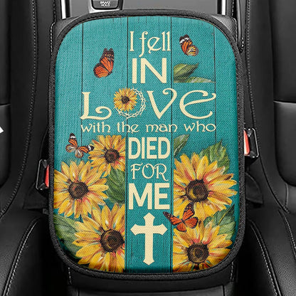 Sunflower Butterfly I Fell In Love With The Man Who Died For Me Seat Box Cover, Christian Car Center Console Cover, Bible Verse Car Armrest Cover