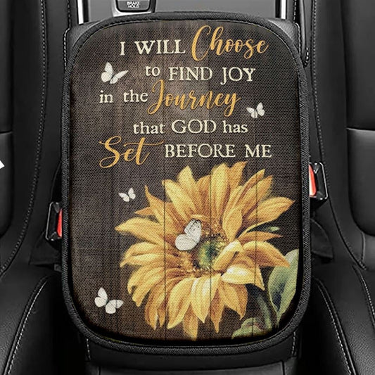 Sunflower Butterfly I Will Choose To Find Joy In The Journey Car Center Console Cover, Christian Armrest Seat Cover, Bible Seat Box Cover