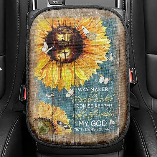 Sunflower Butterfly Way Maker Promise Keeper My Savior Seat Box Cover, Christian Car Center Console Cover, Bible Verse Car Interior Accessories