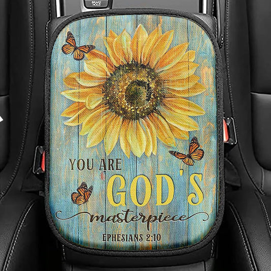 Sunflower Butterfly You Are God's Masterpiece Seat Box Cover, Inspirational Car Center Console Cover, Christian Car Interior Accessories