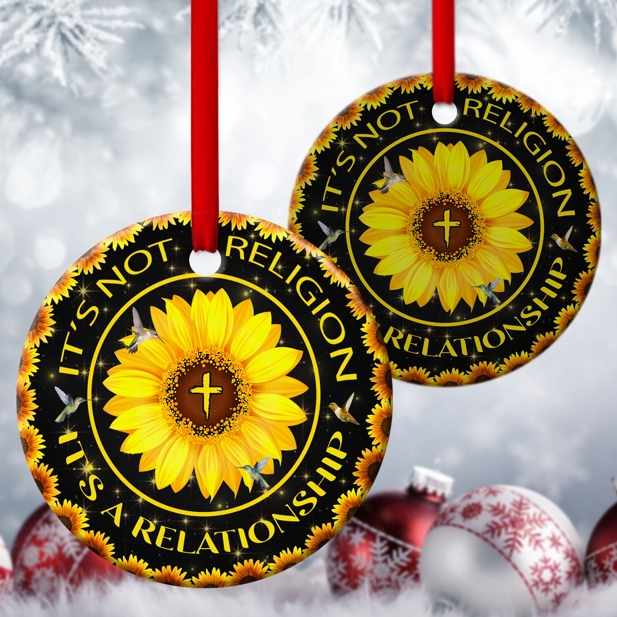 Sunflower Ceramic Circle Ornament - It's A Relationship With God Through Christ - Nativity Ornaments