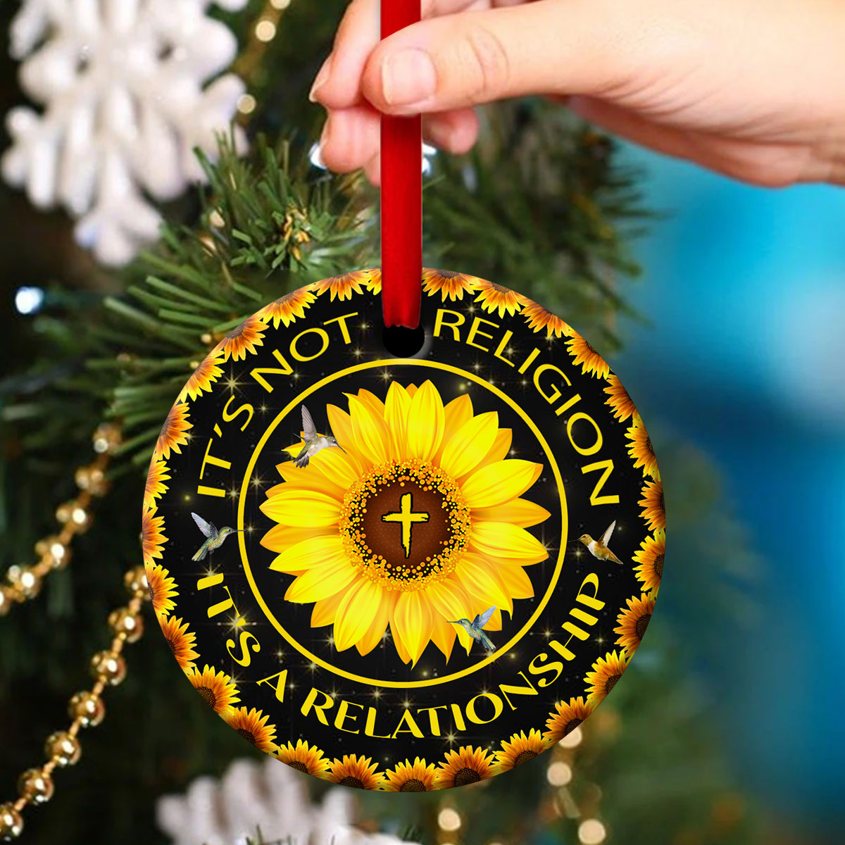 Sunflower Ceramic Circle Ornament - It's A Relationship With God Through Christ - Nativity Ornaments