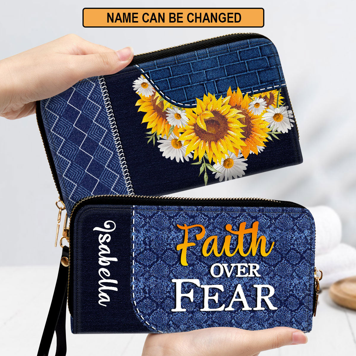Sunflower Christ Gifts For Religious Women Faith Over Fear Clutch Purse For Women - Personalized Name - Christian Gifts For Women