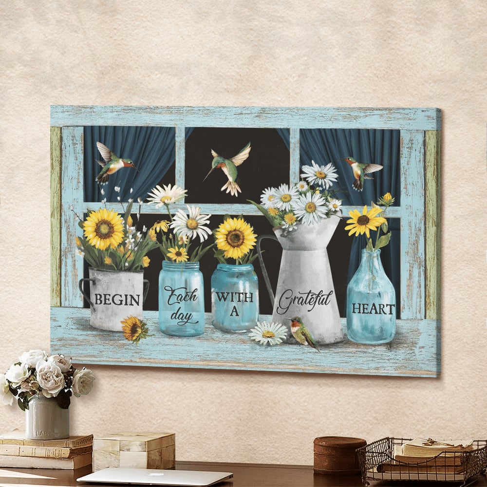 Sunflower Daisy Begin Each Day With A Grateful Heart Christ Canvas Wall Art - Christian Poster - Religious Wall Decor
